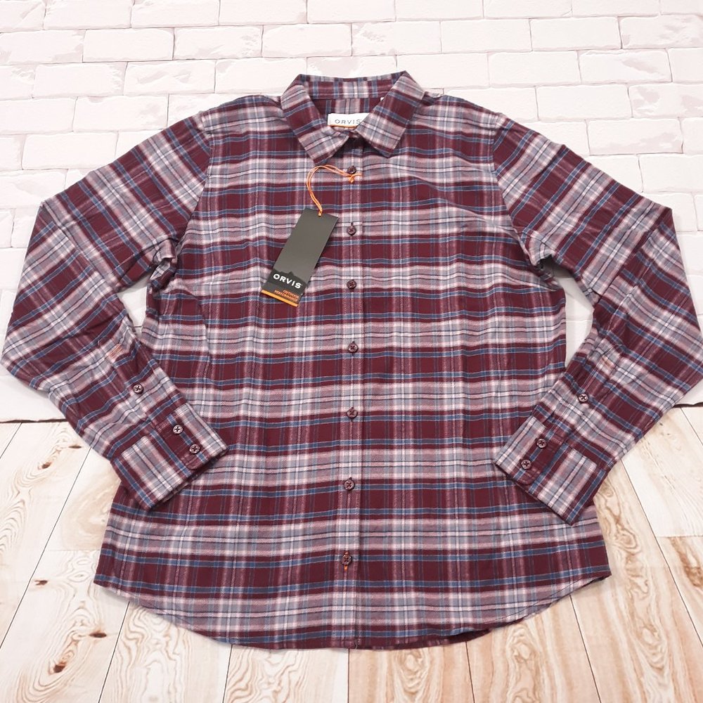 Orvis Button Up Flannel Shirt Womens Size M Outdoor Maroon Plaid Cotton NWT